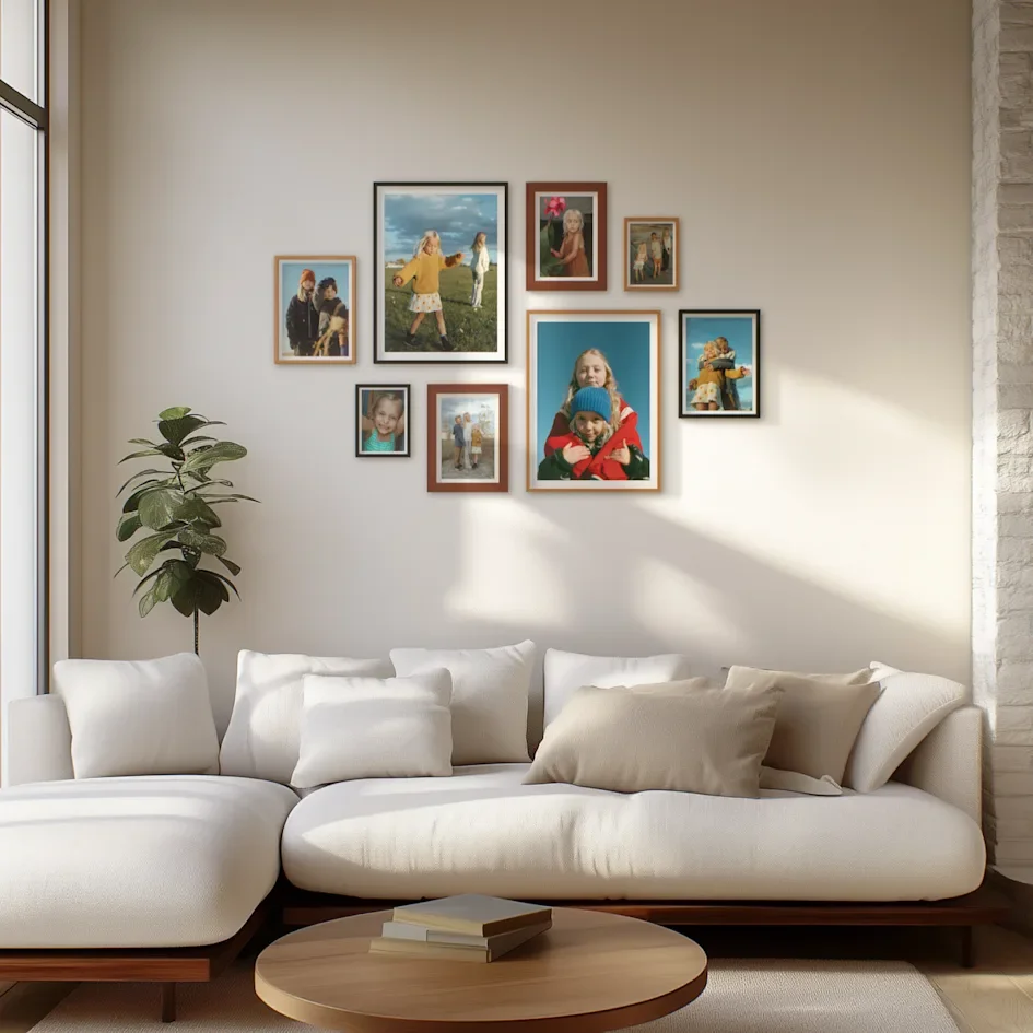 Asymmetrical photo gallery wall above a modern sofa