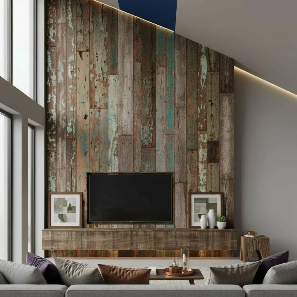 Wooden planks and framed pictures for living room accents