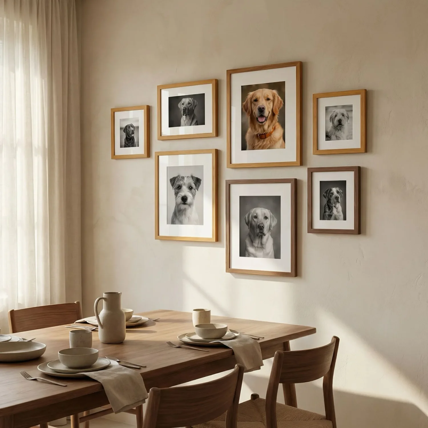 Warm wood framed dog photos matching furniture tones