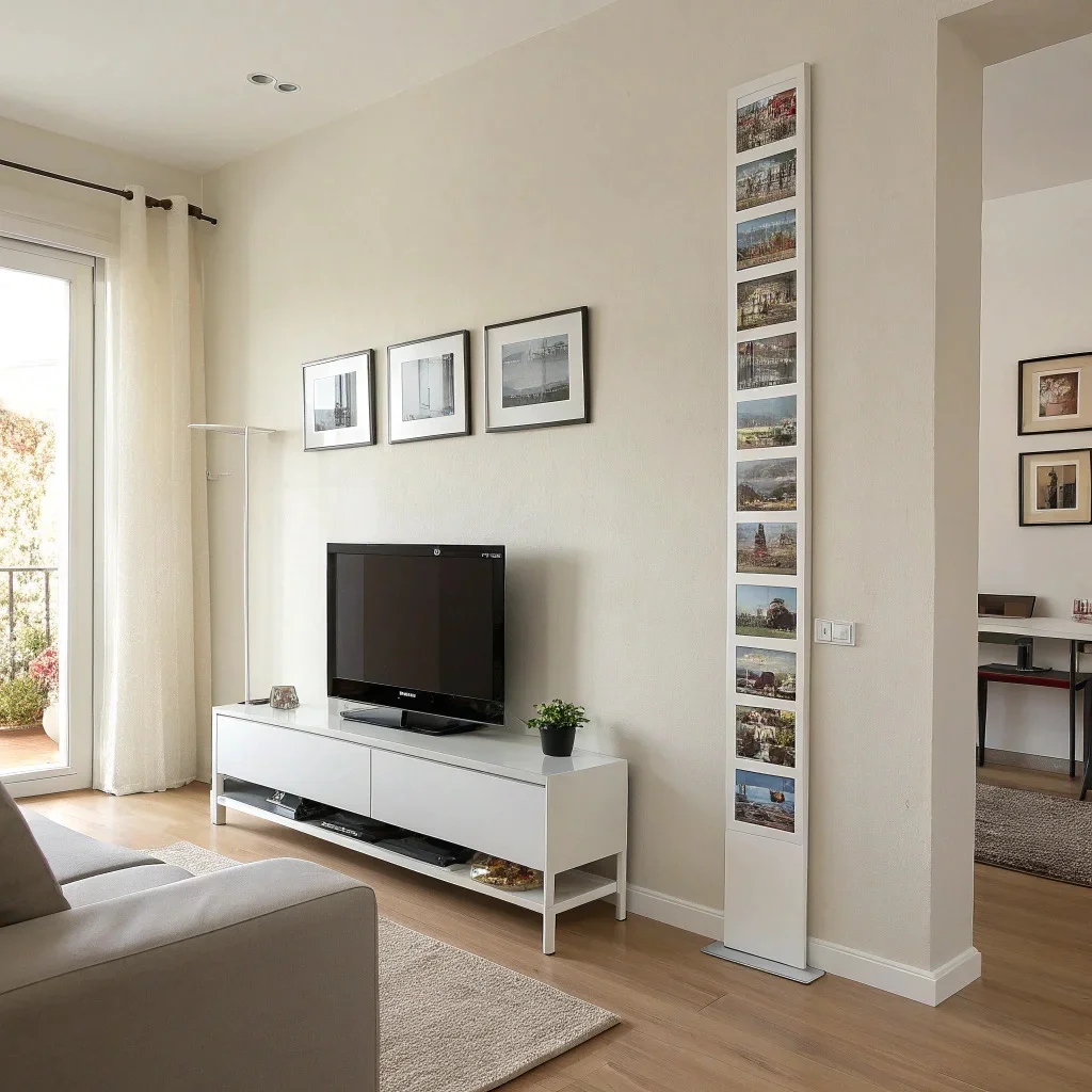 Vertical column of framed photo tiles beside a wall-mounted TV, creating height in a small living room with a narrow grid layout and consistent spacing.