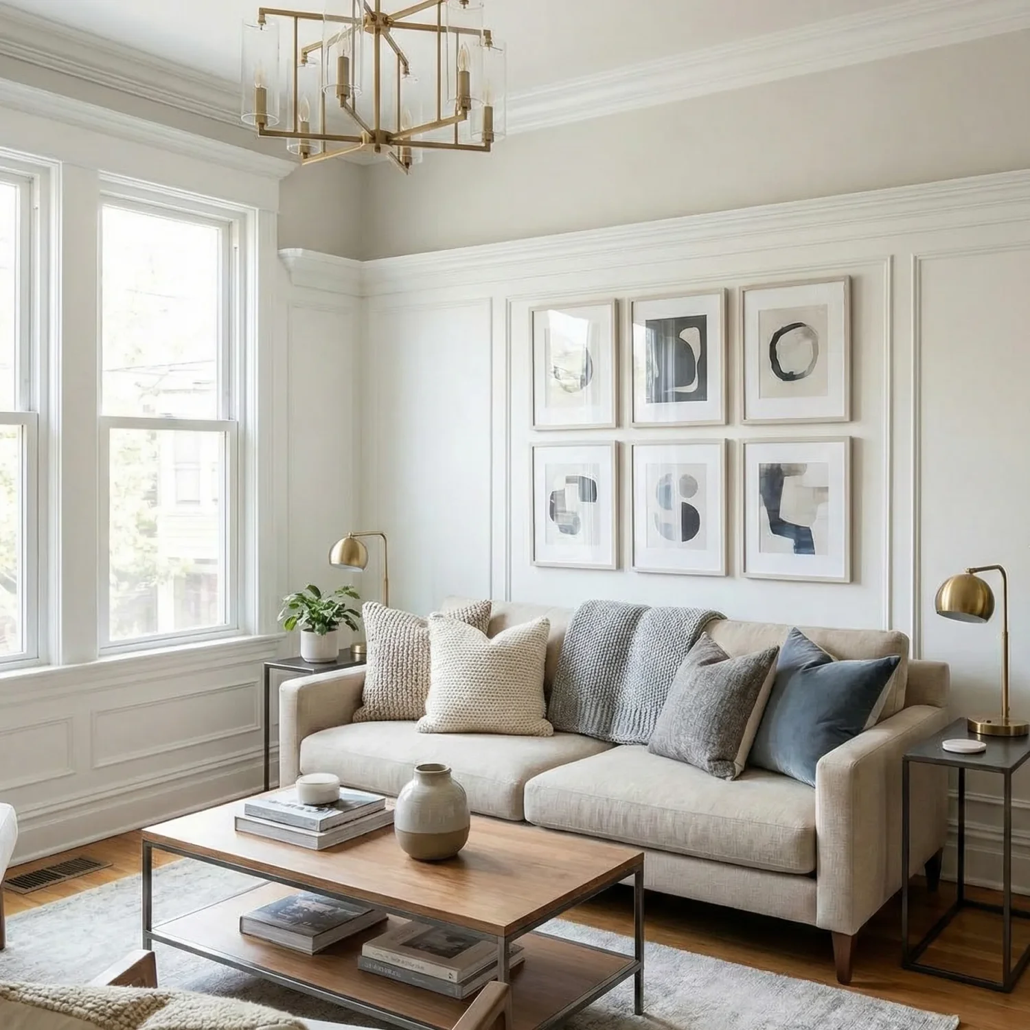Bright living room with neutral sofa and framed abstract art