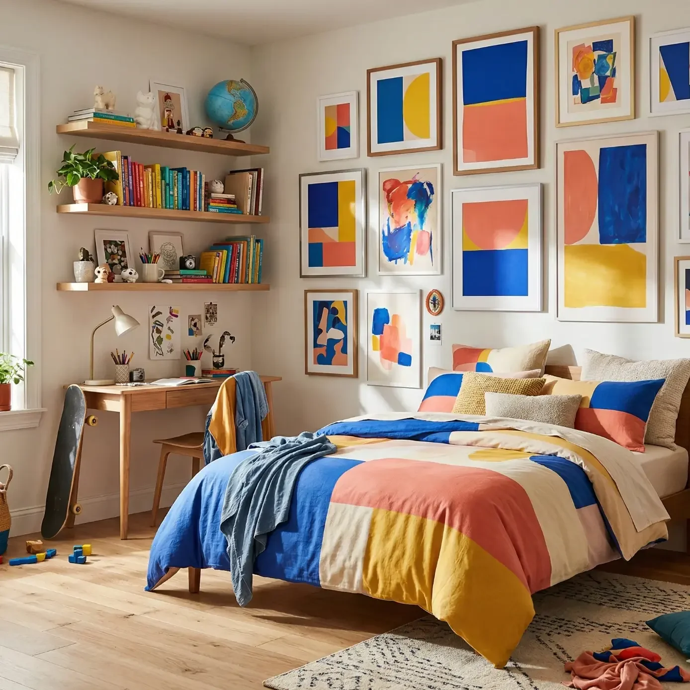Colorful bedroom with bold art gallery wall and patterned bedding