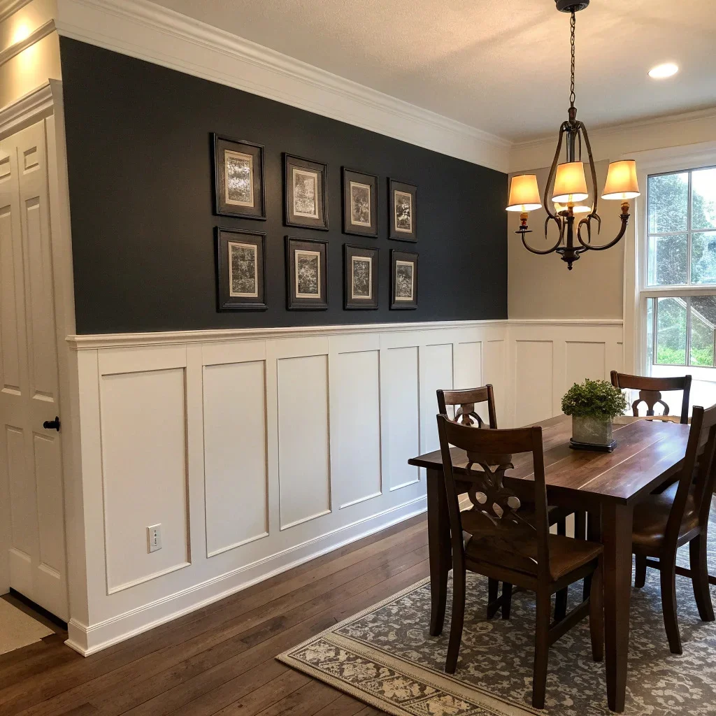 Dining room with two-tone board-and-batten wainscoting and dark-framed art displayed on the lighter upper walls.