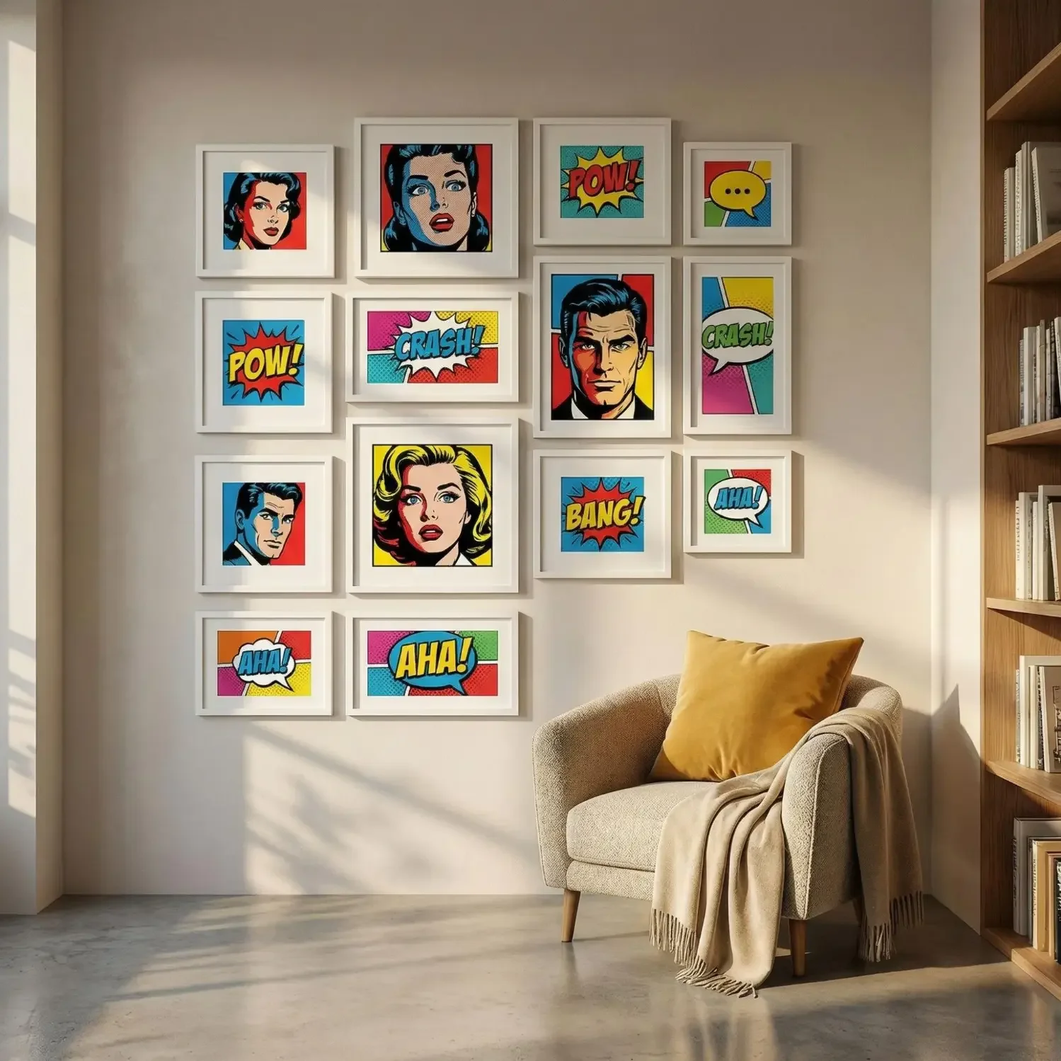 Comic-inspired portrait framed photos gallery wall
