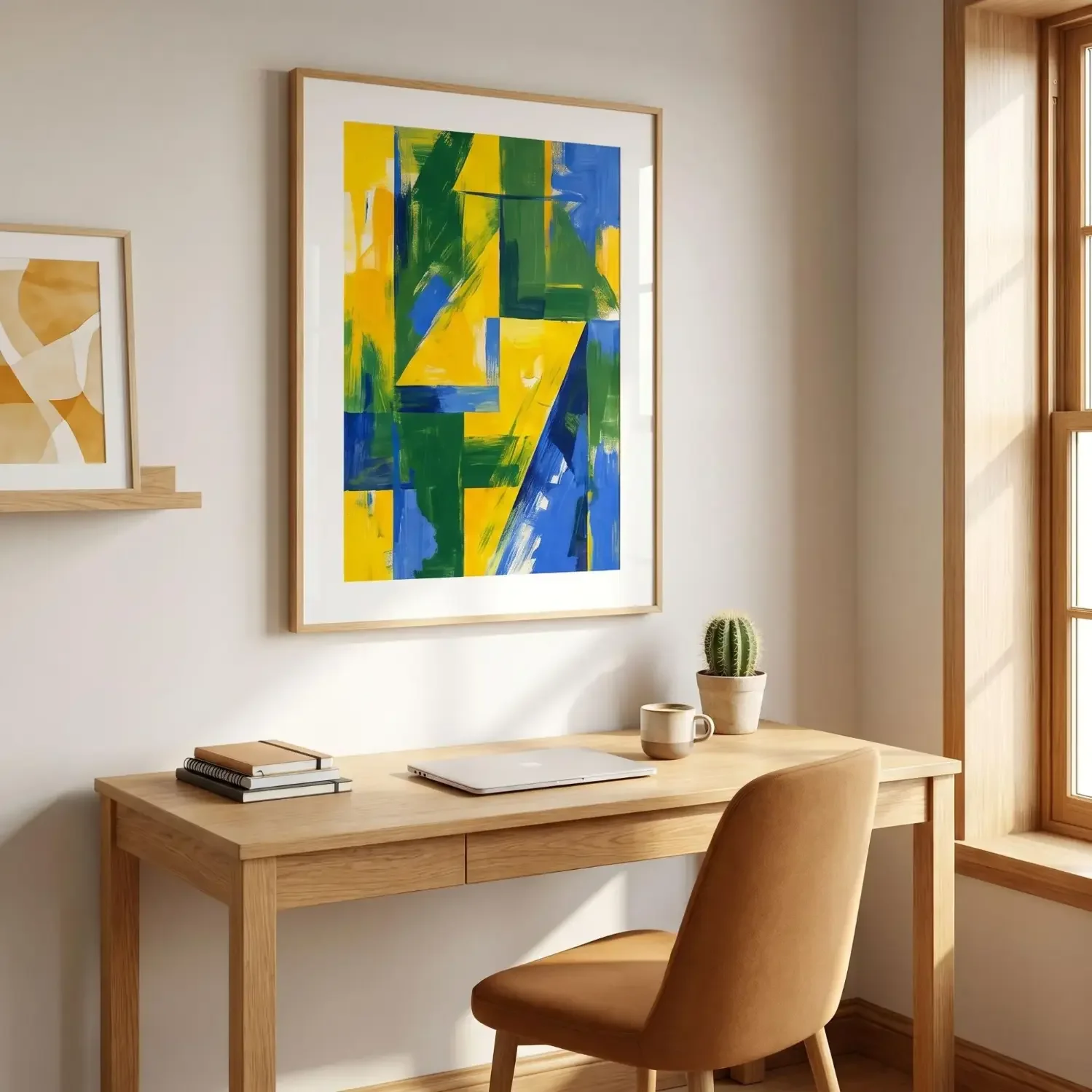 Colorful abstract art above home office desk