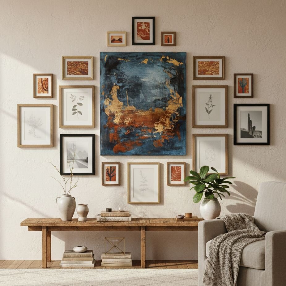 Bold blue abstract centerpiece framed by mixed wall art