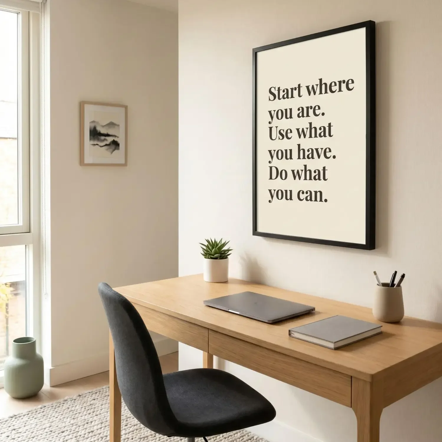 Modern home office with motivational framed quote wall