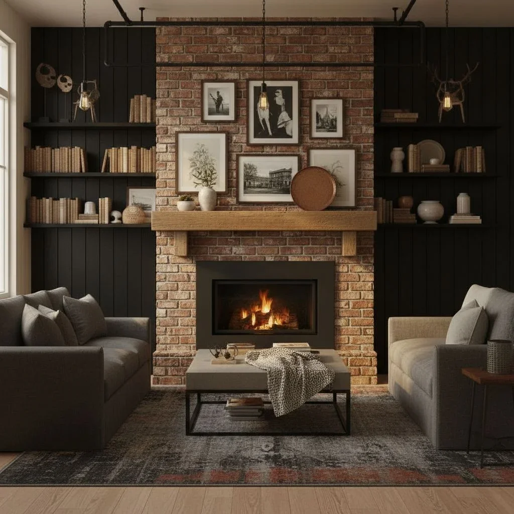 Industrial brick and shiplap accent wall