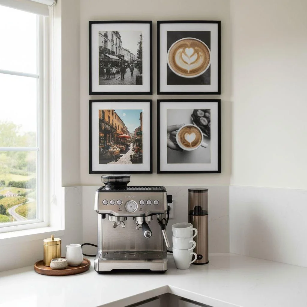 Modern kitchen coffee station with a gallery wall