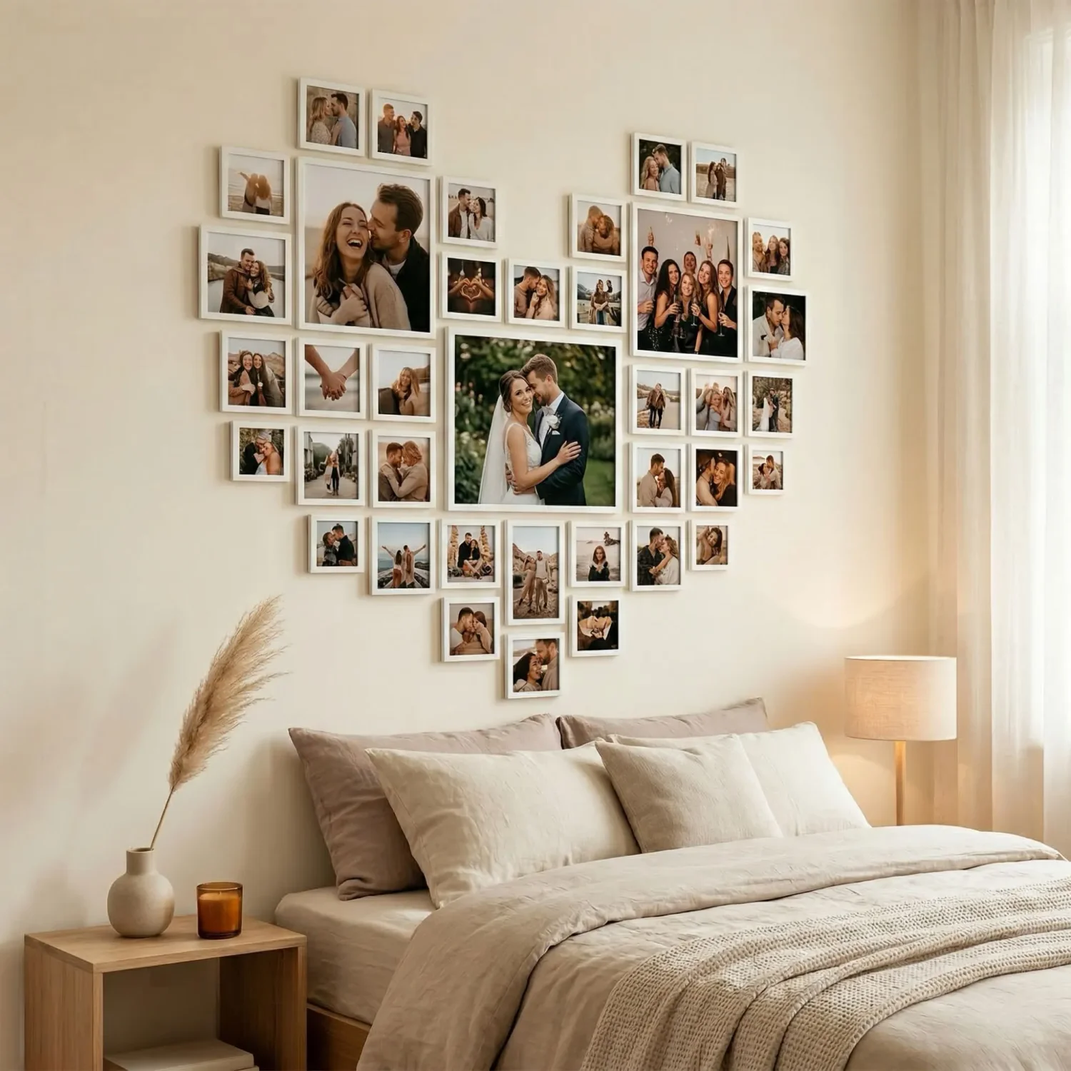 Heart-shaped framed photo arrangement on bedroom wall