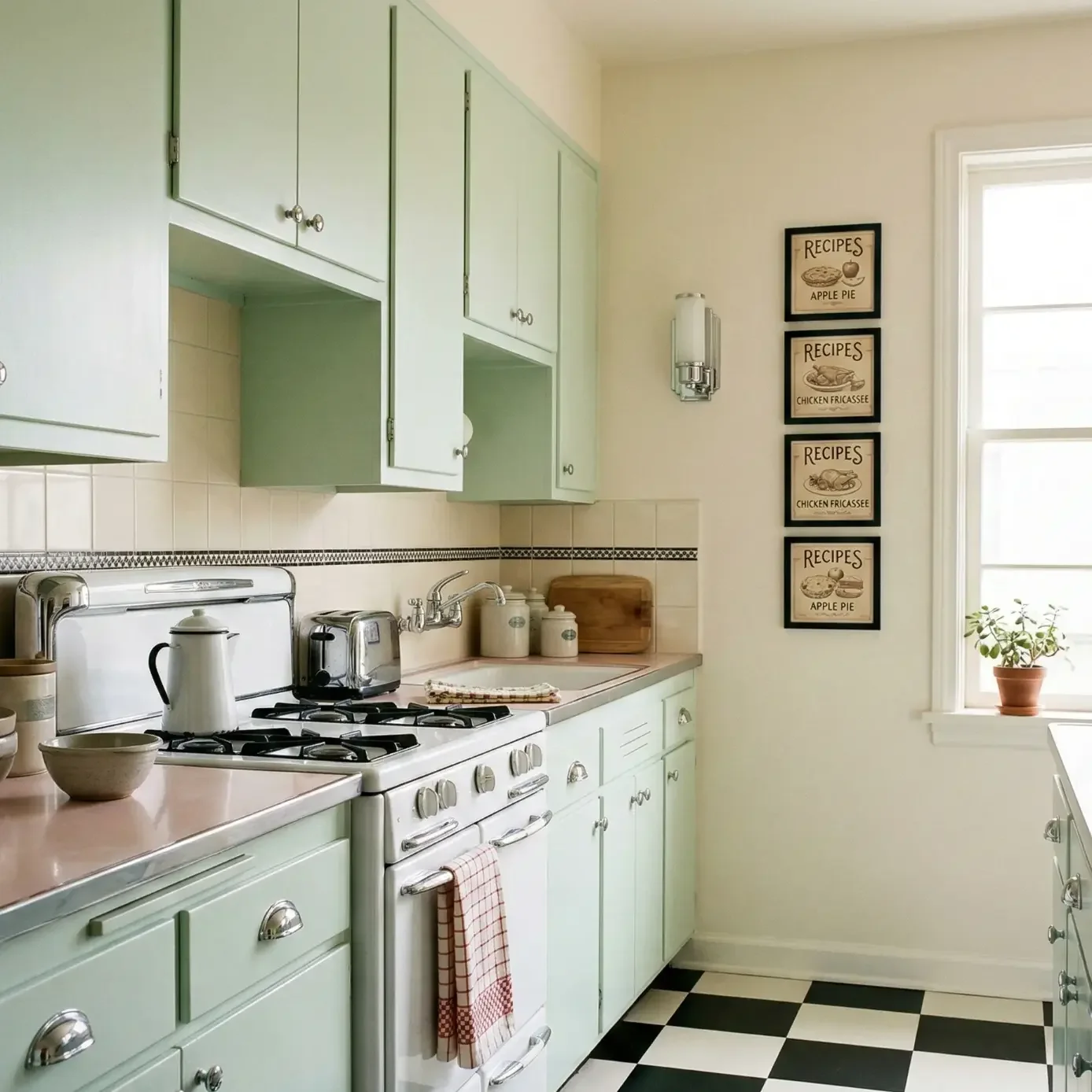Vintage mint-green kitchen with checkerboard floor and stove