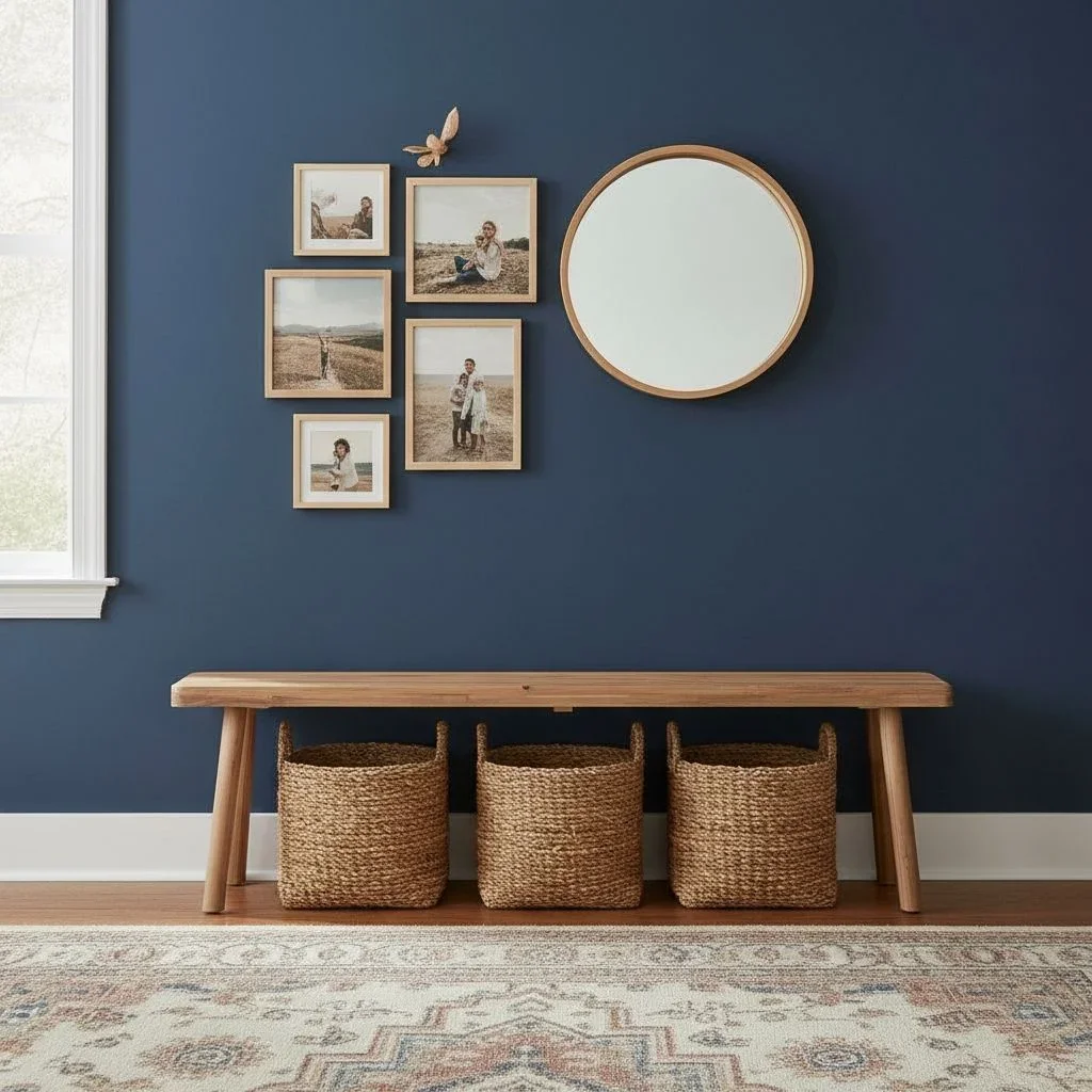 Inviting entryway with bench, baskets, and a cluster of framed pictures