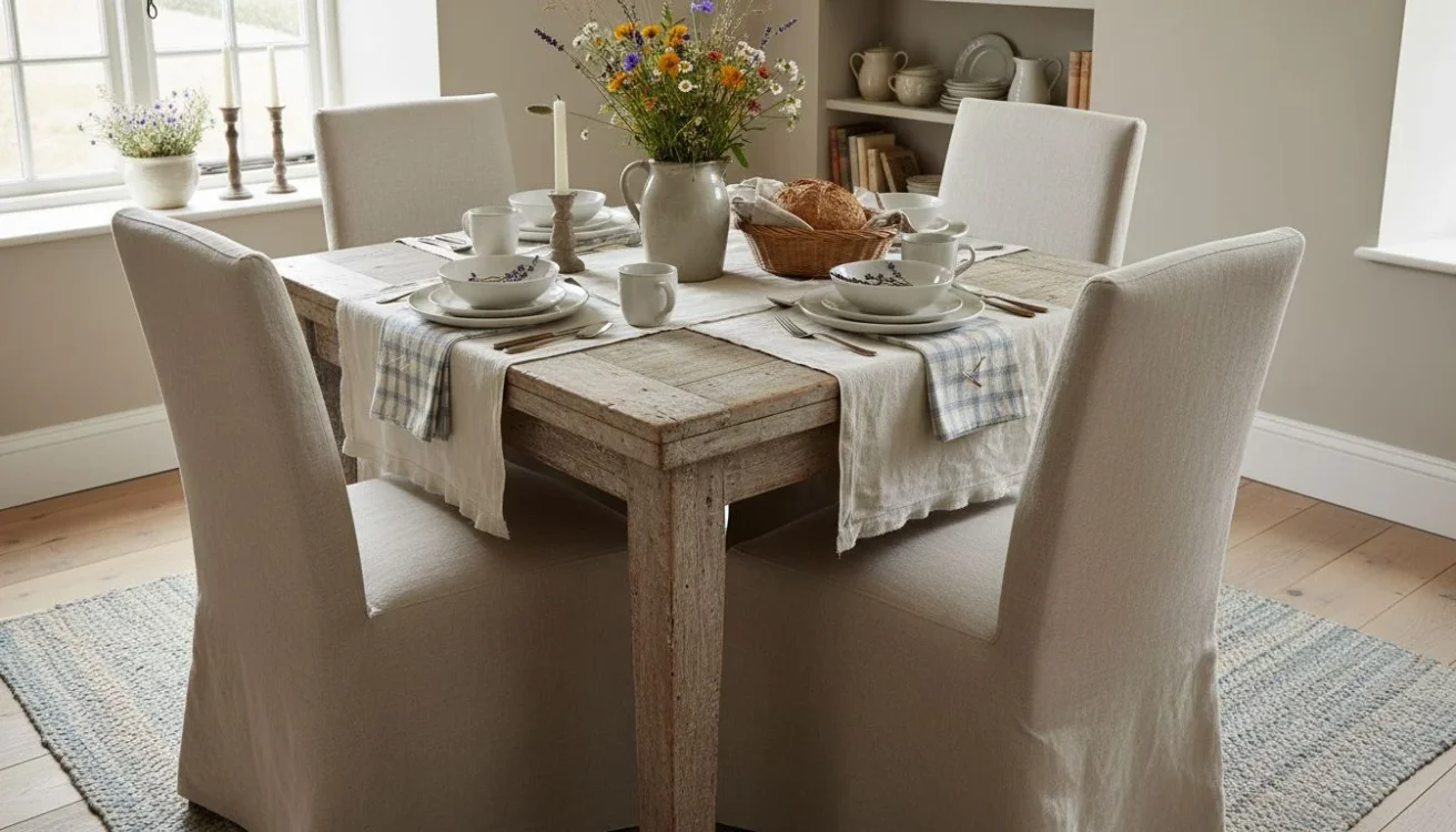 Cottage dining table with linen and gingham