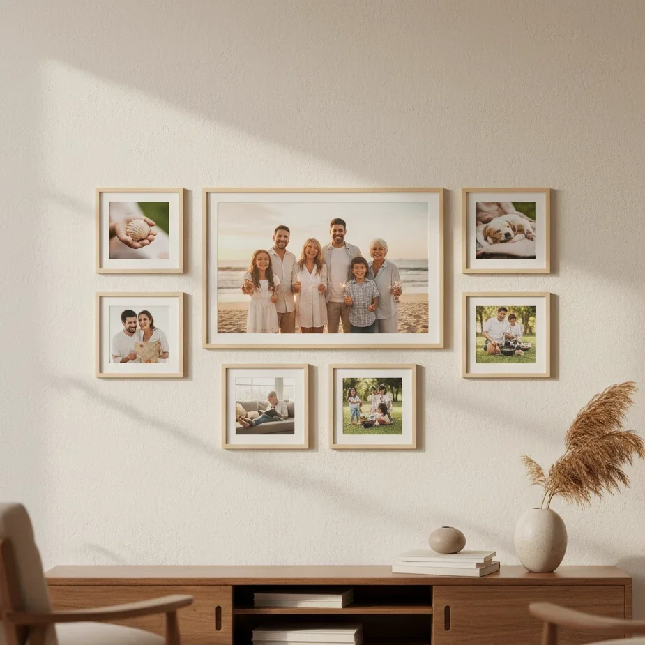 family photo gallery above wood console in sunlit room