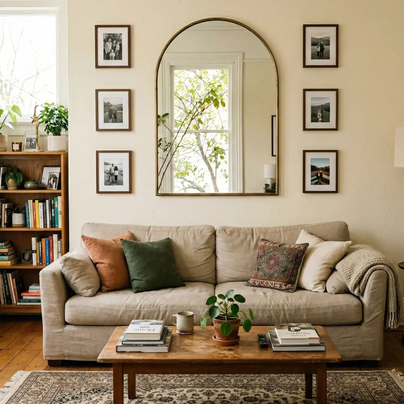 Cozy living room with arched mirror and framed photo gallery