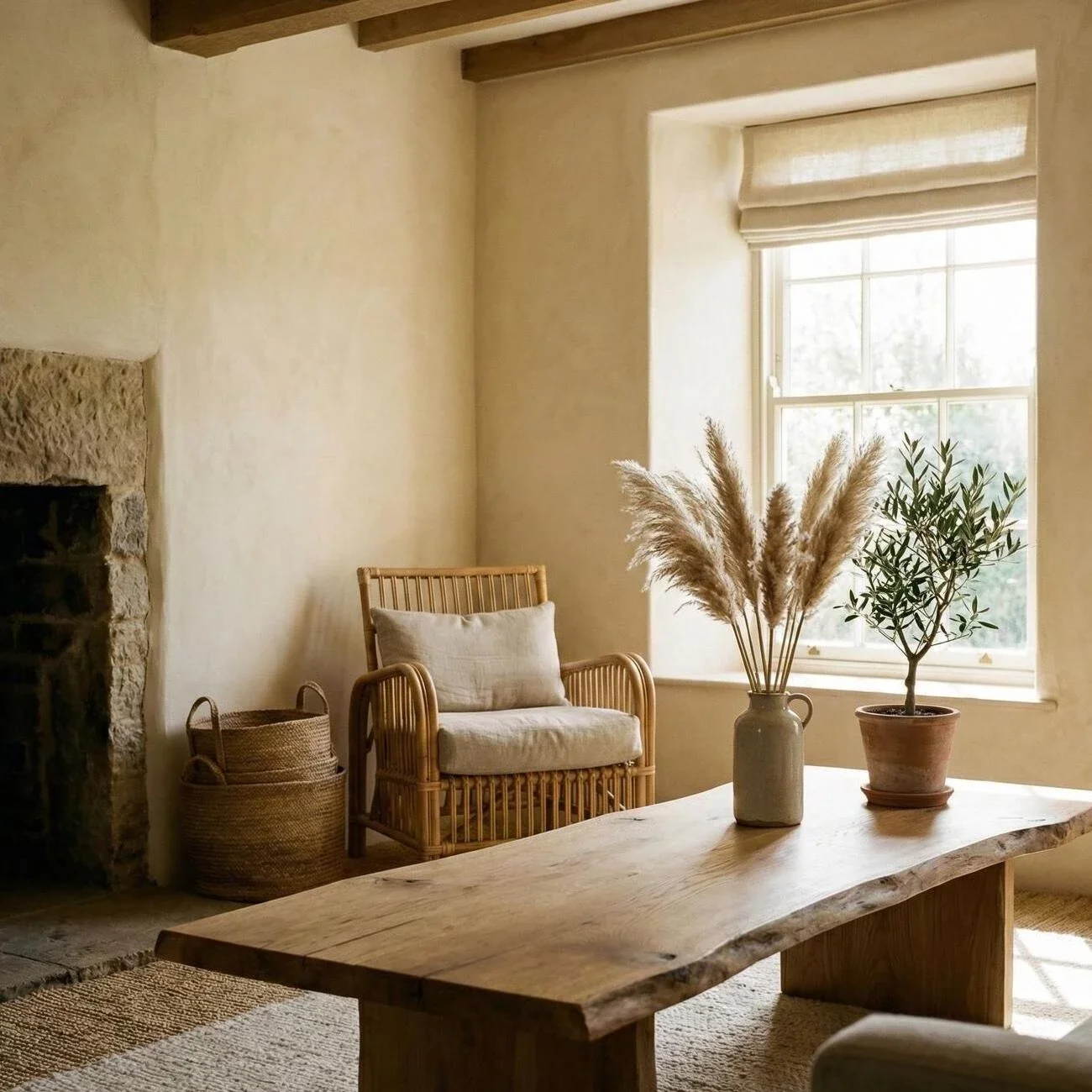 Rustic living room with wood table, rattan chair, and pampas grass