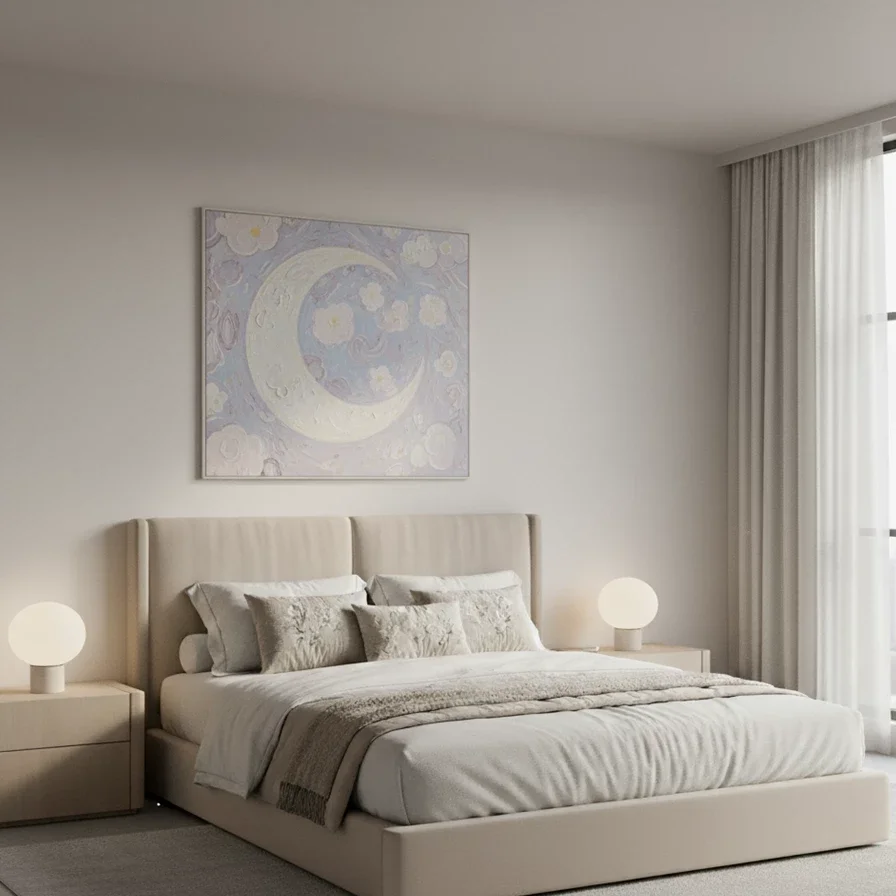 Crescent moon painting crowns floral mural above bed