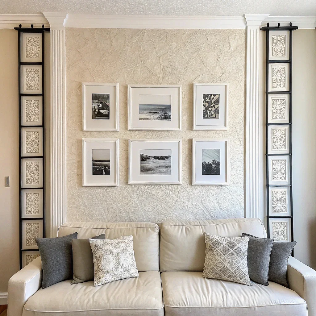 Neutral living room wall with a large textured canvas centered above a sofa in a simple white frame, flanked by two neat vertical columns of square black-framed photo tiles, all evenly spaced for a modern, balanced gallery look.