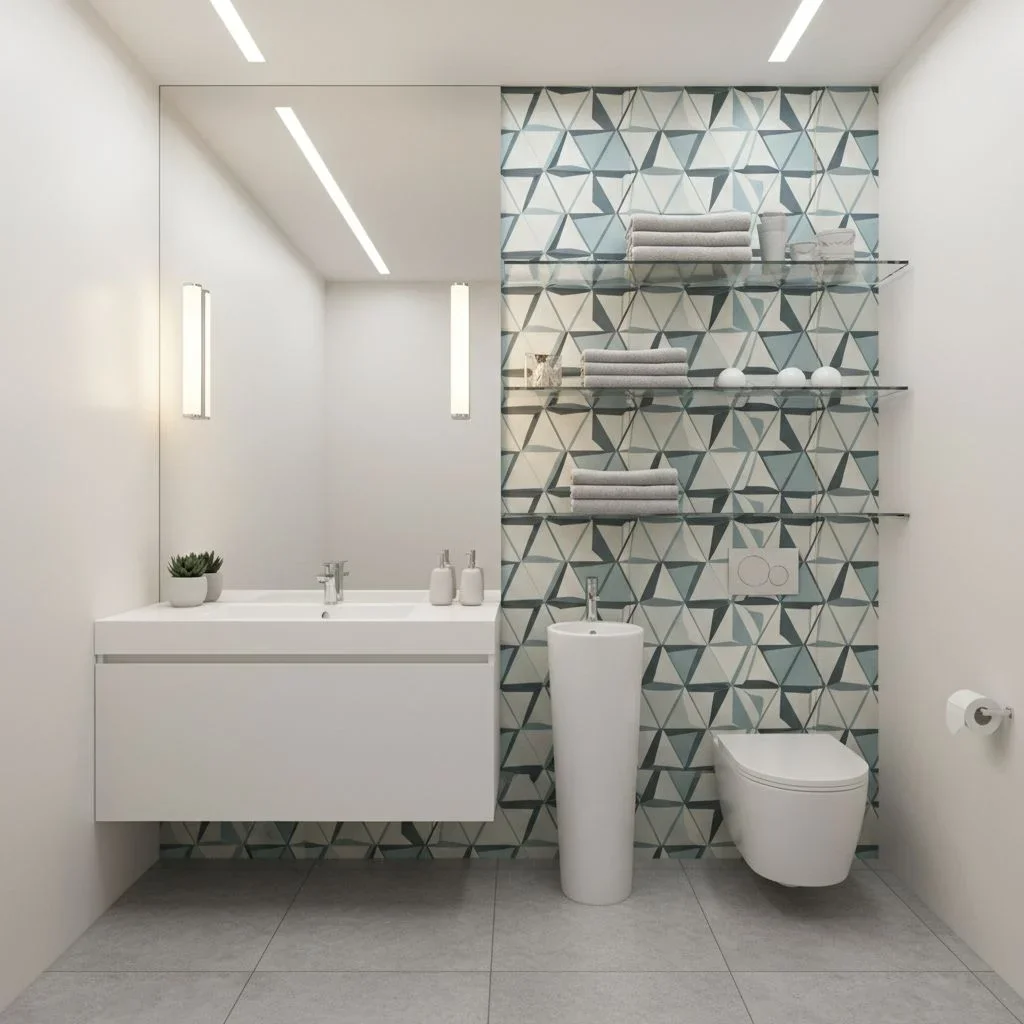 Modern tiny bathroom with floating vanity and bold accent wall