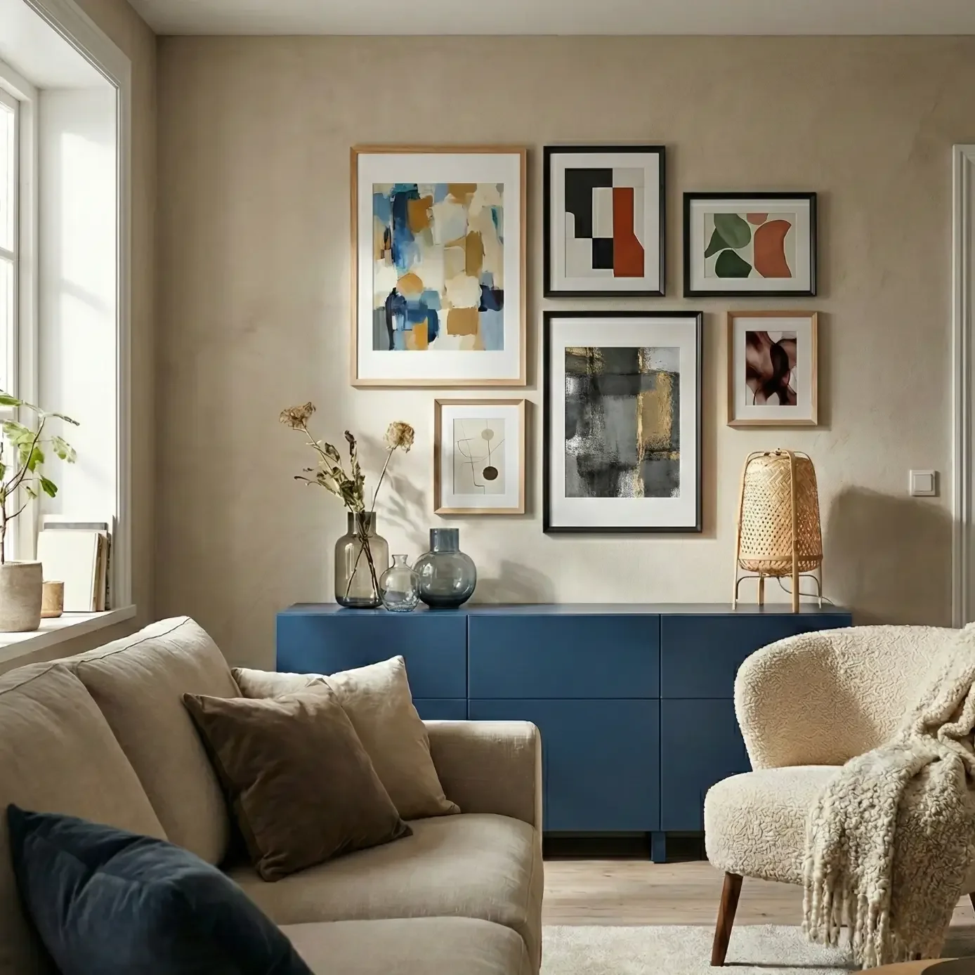 Modern living room with blue sideboard and abstract gallery