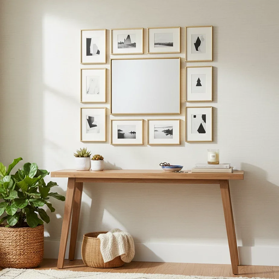 Entry console with mirror framed by small black-and-white art