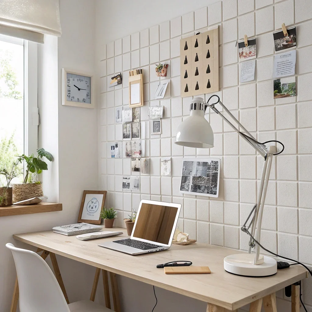 Minimalist home office with concealed cables, a focused task lamp, and an inspiration grid of Mixtiles on the wall in front of the desk.