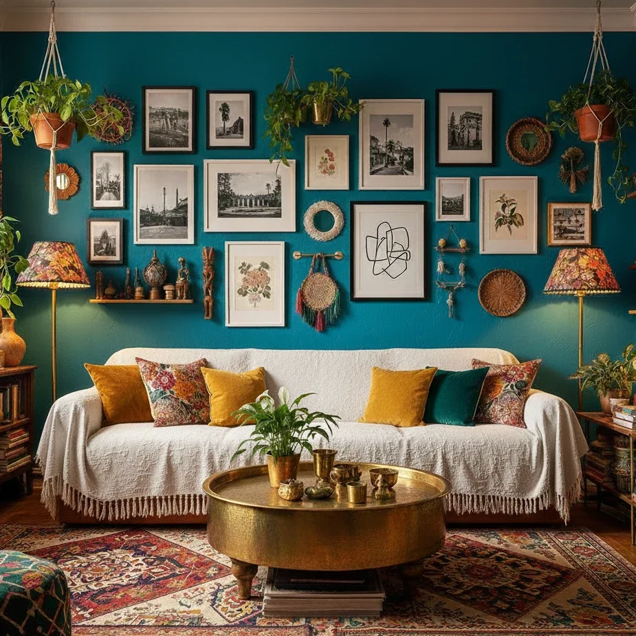 Boho lounge filled with plants, colorful textiles, and framed art