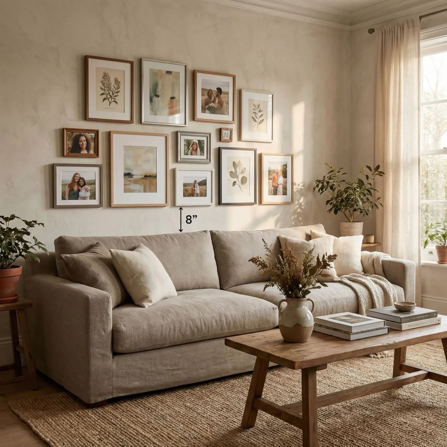 Gallery wall with framed photos above a linen sofa