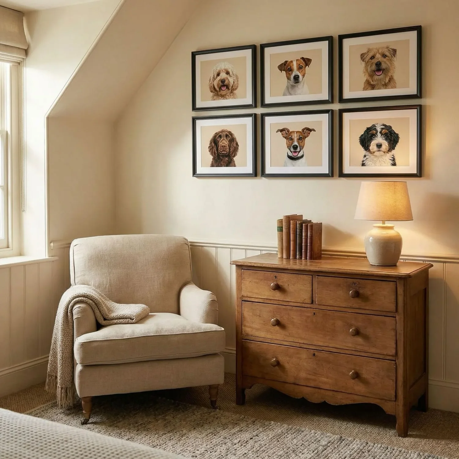 3x2 dog photo grid above bedroom dresser nook