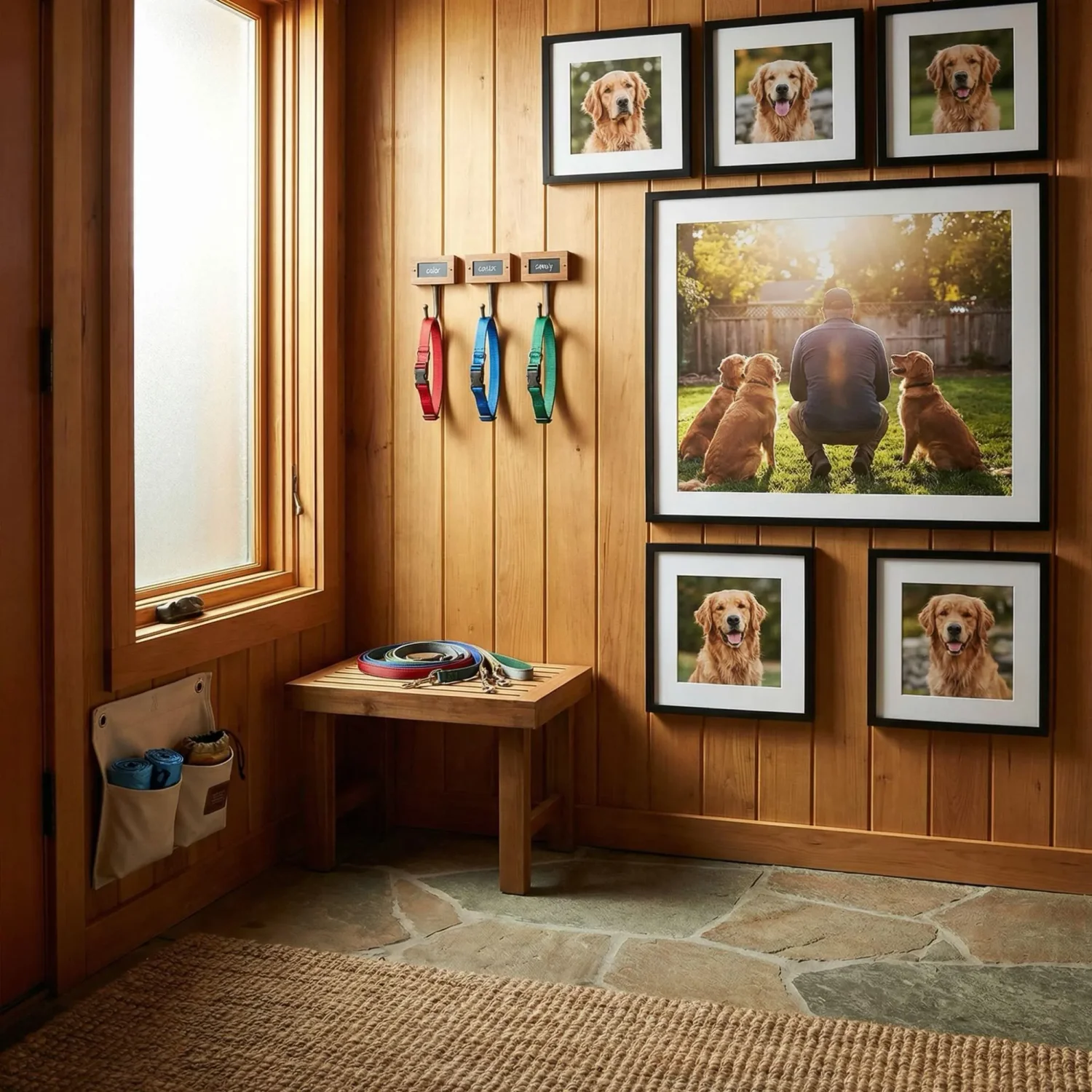 Multi-dog home with color-coded collars and photo grid