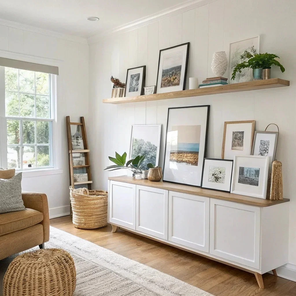 Picture ledges holding leaning frames and prints layered at different heights for easy, changeable wall styling.