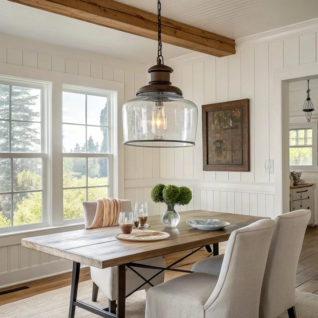 Farmhouse dining space with schoolhouse glass pendant, simple drum shade, and aged metal lighting, all with clean lines that keep focus on the table.