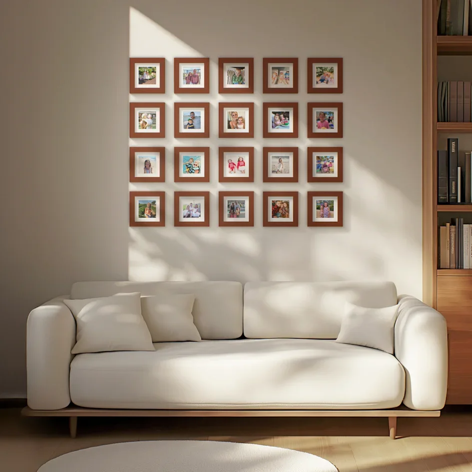 Sunlit sofa with grid of small framed photos on the wall