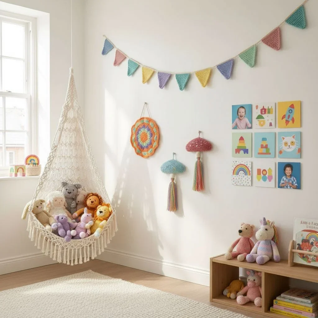Playful nursery with crochet bunting and photo tiles