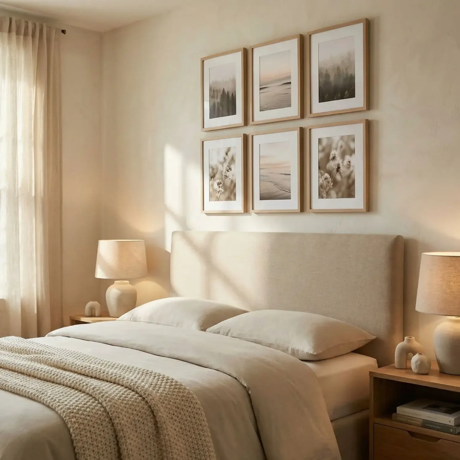 Symmetrical framed art grid above bedroom headboard