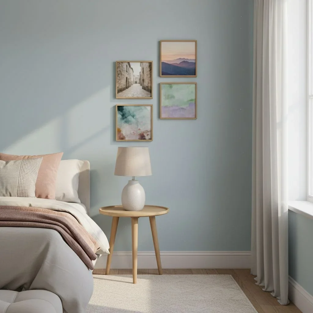 Pastel bedroom corner with diagonal wall art