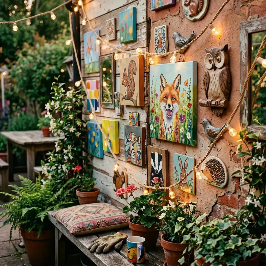 Backyard art wall with string lights and colorful animal paintings