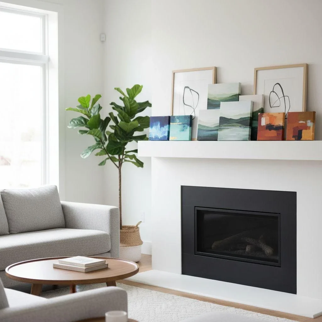 Color-coordinated canvas gallery on a modern mantle