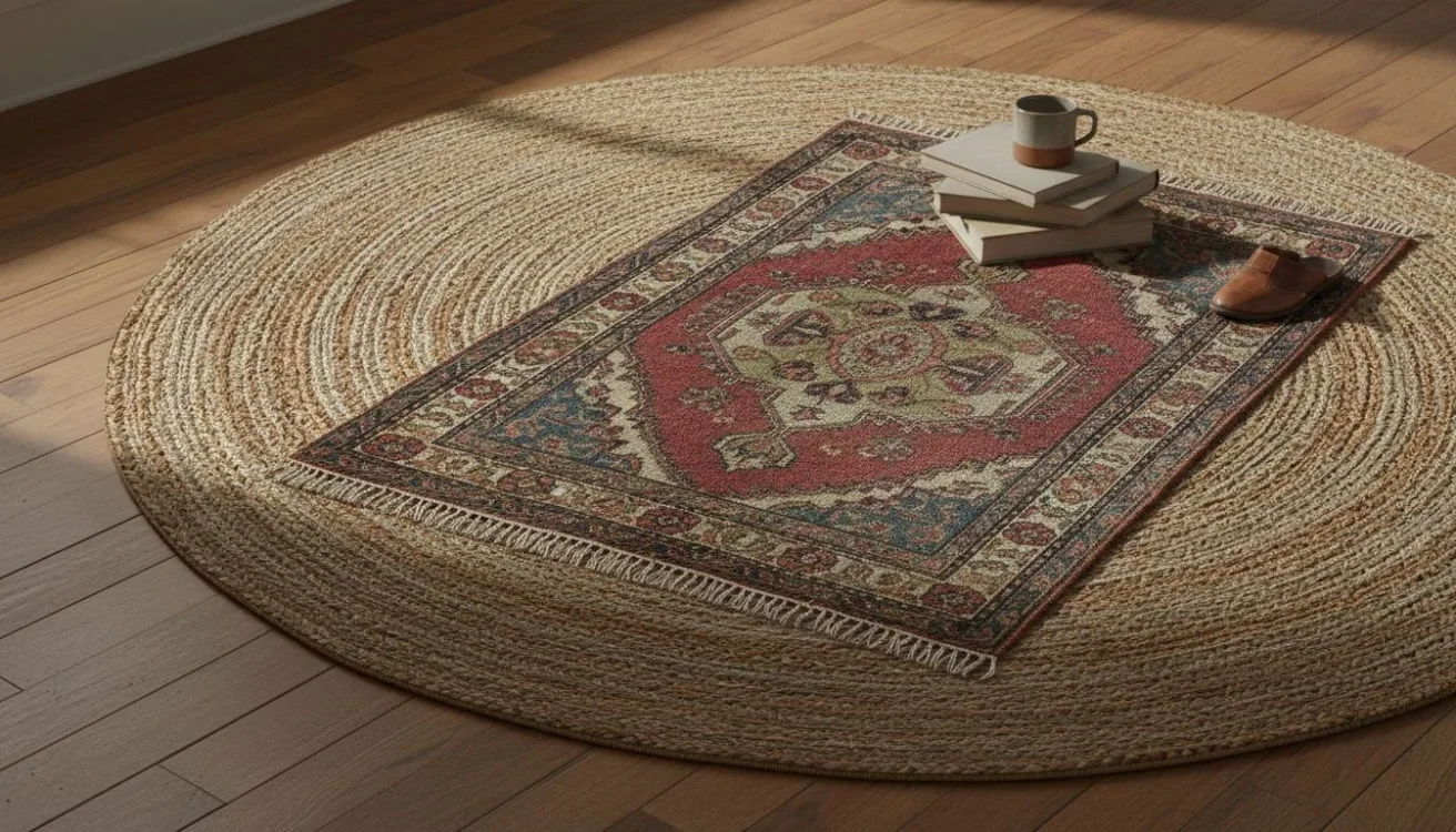 Layered jute and Persian rugs on hardwood