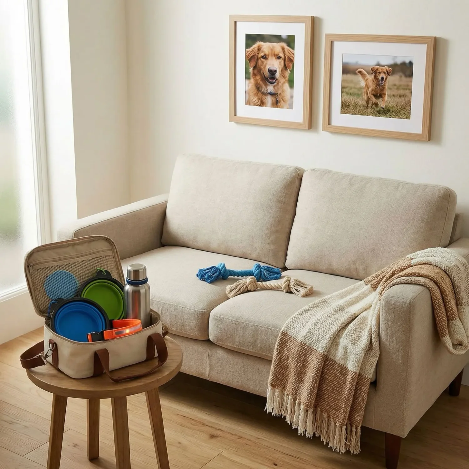 Dog travel accessories in a cozy apartment space