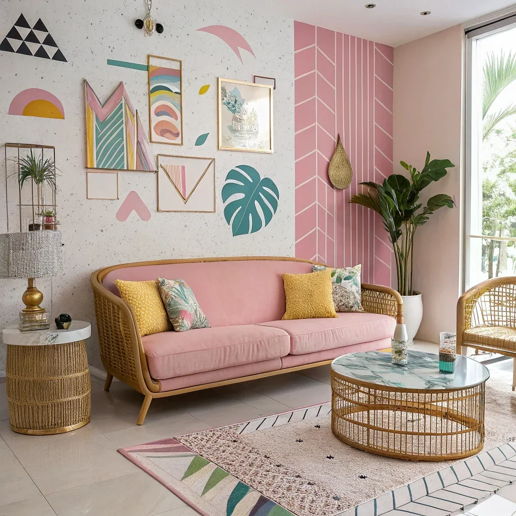 A vibrant 1980s-inspired living room featuring neon and pastel colors, bold Memphis-style geometry, checkerboard patterns, marble and brass accents, chrome details, mirrors, tropical prints, and rattan textures, styled to show why ‘80s decor is trending again.