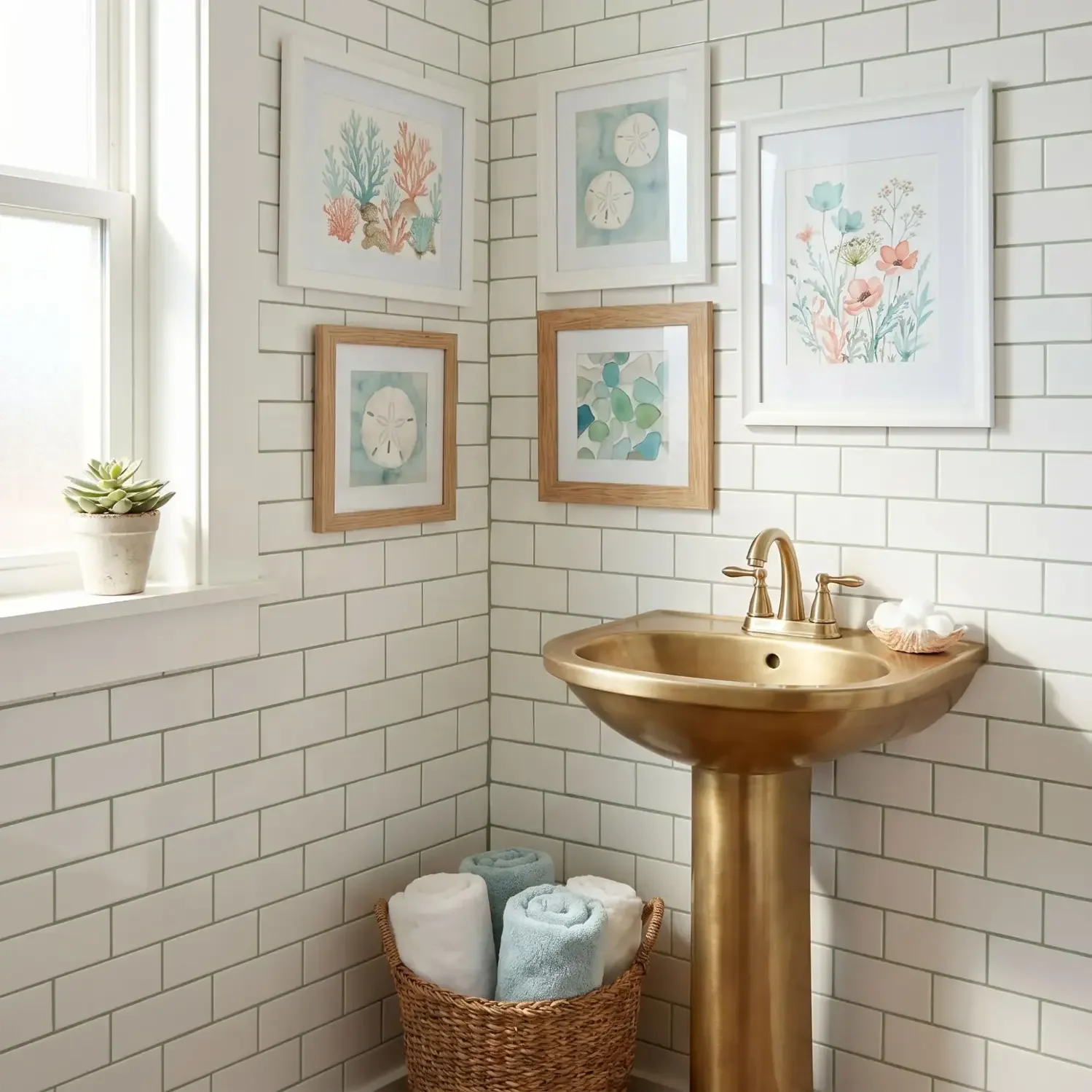 Guest bath with ocean botanical watercolor framed prints