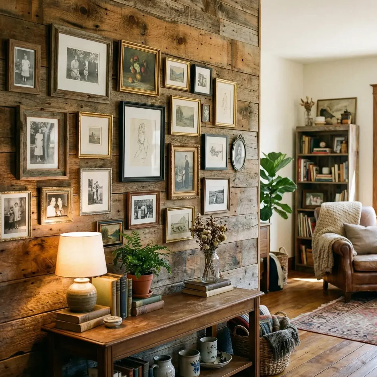Rustic gallery wall on reclaimed wood with vintage frames