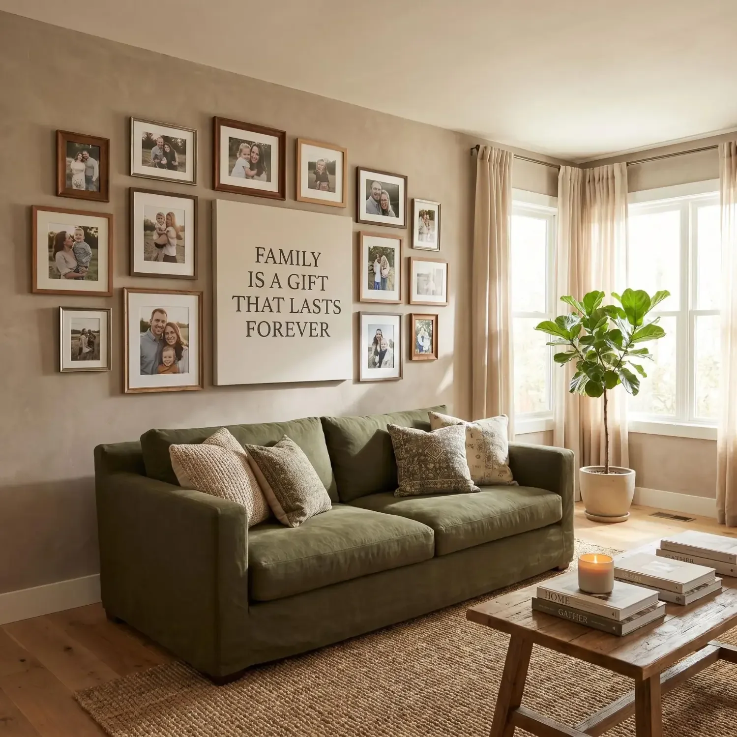 Family quote gallery wall in a cozy living room