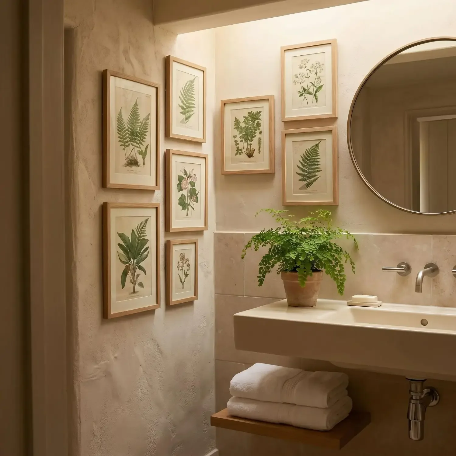 Fern and floral framed prints in spa-like bathroom