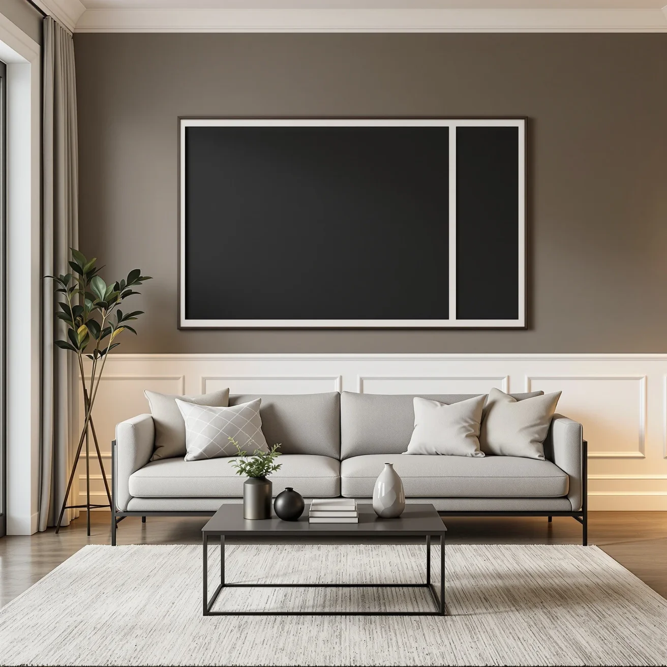 Chalkboard wall framed in modern dining area