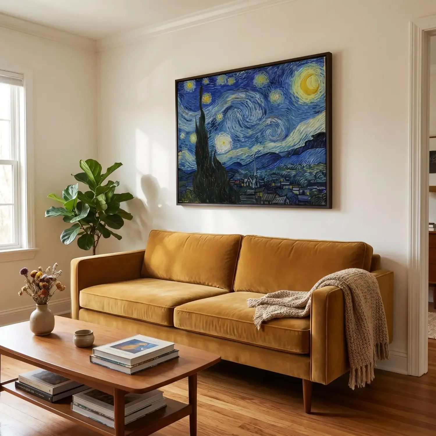 Starry Night canvas print above living room sofa