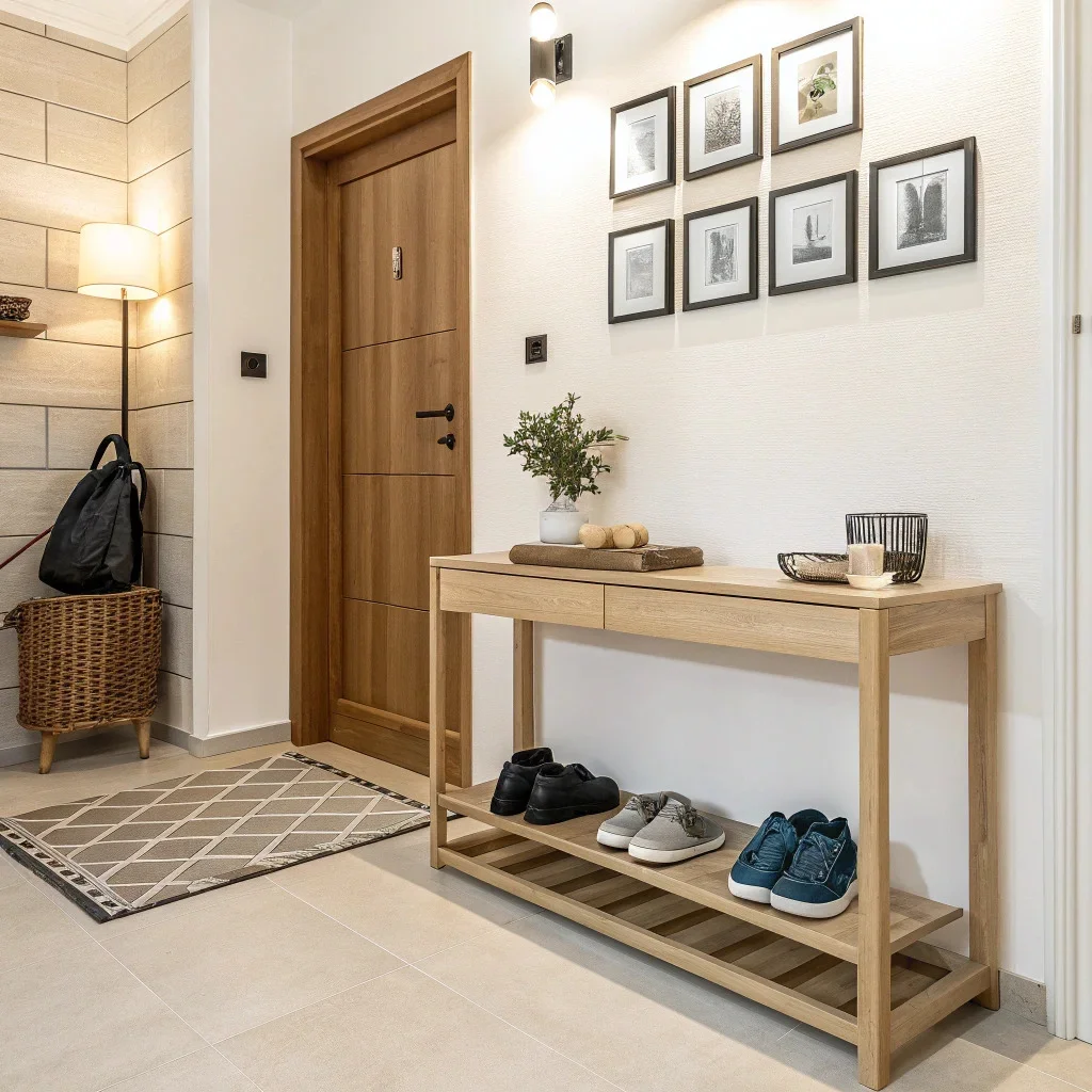 Minimalist entryway with a slim console, concealed shoe storage, a catchall tray, and a single Mixtiles strip above the console for clean visual anchoring.