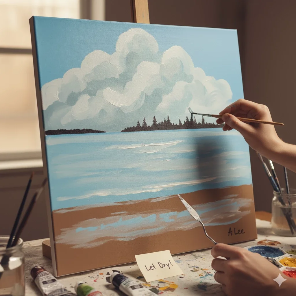 adding final details to seascape canvas on easel