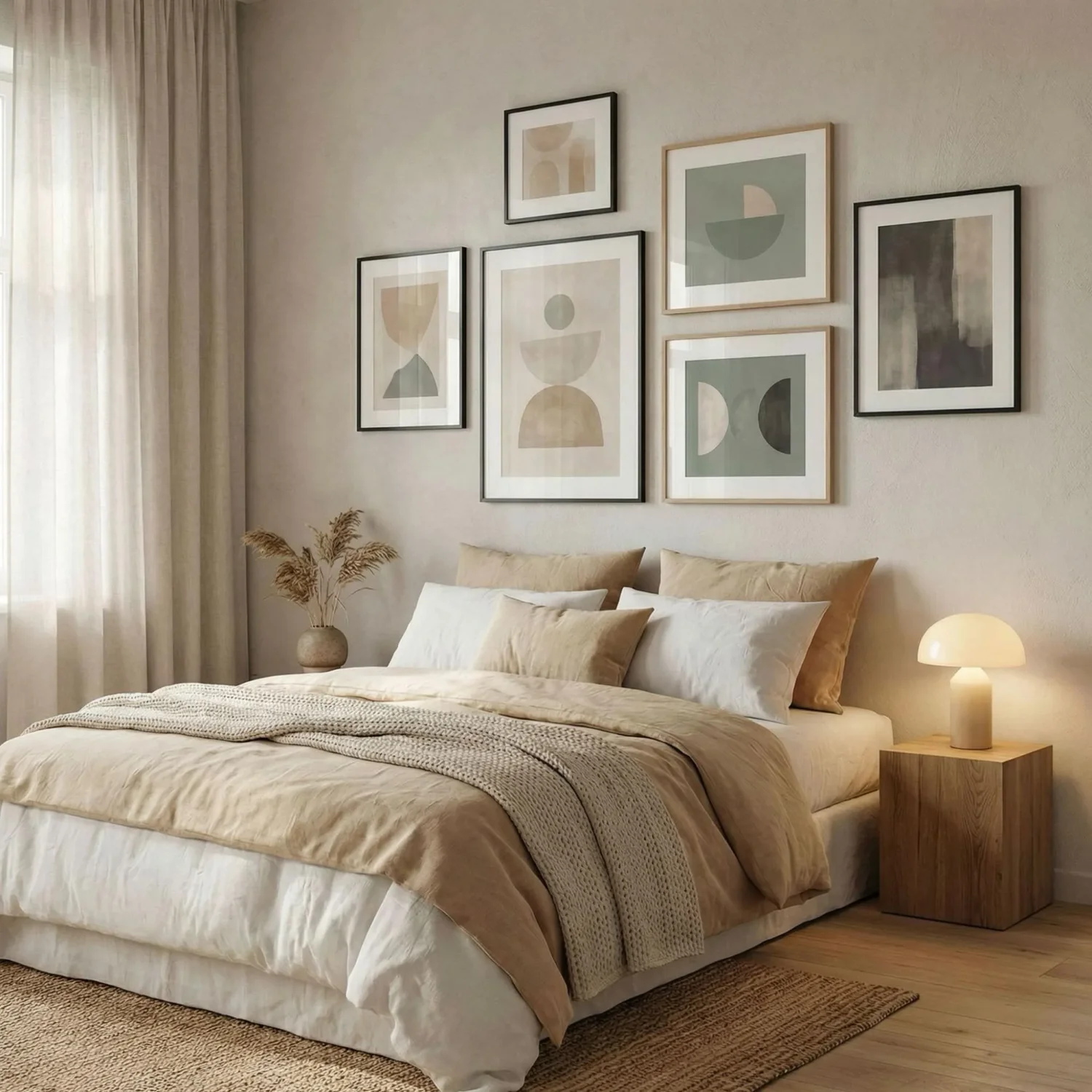 Offset cluster framed photos Scandinavian bedroom wall